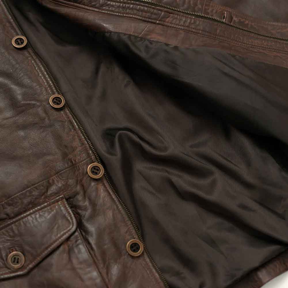 Close-up of a brown leather jacket with buttons and a zipper.