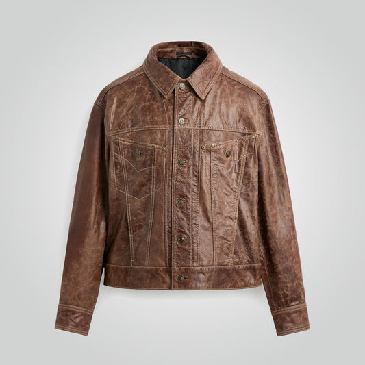 Vintage Brown Leather Trucker Jacket