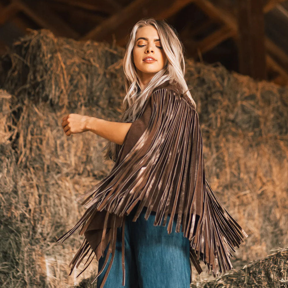 Western Suede Leather Cape with Fringe