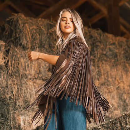 Western Suede Leather Cape with Fringe