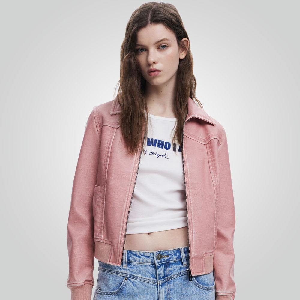 Women Biker Style Pink Jacket