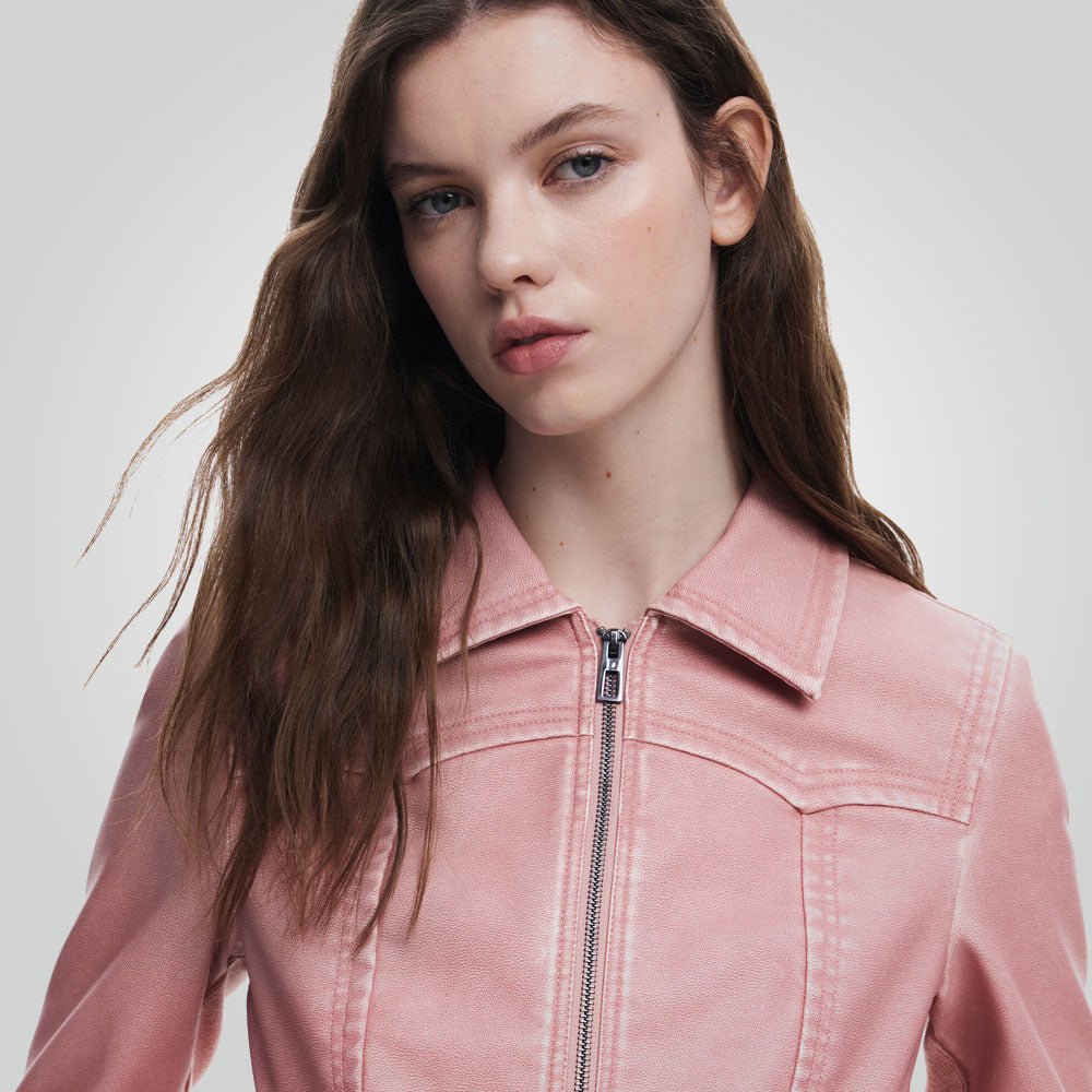 Women Biker Pink Leather Jacket