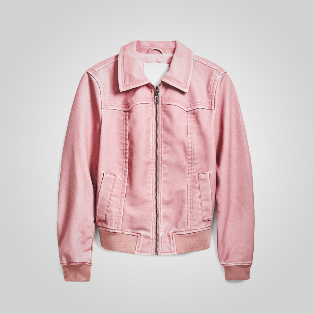 Women Biker Style Pink Leather Jacket