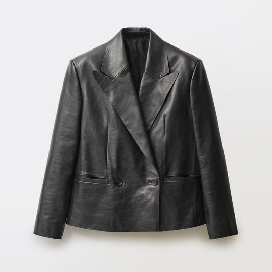 Women Black Double Breasted Vintage Leather Blazer
