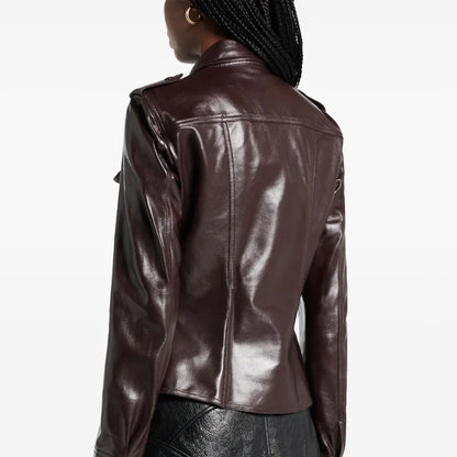 Brown leather jacket worn by a person on a white background