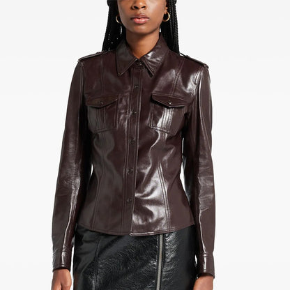 Brown leather jacket worn by a model on a white background