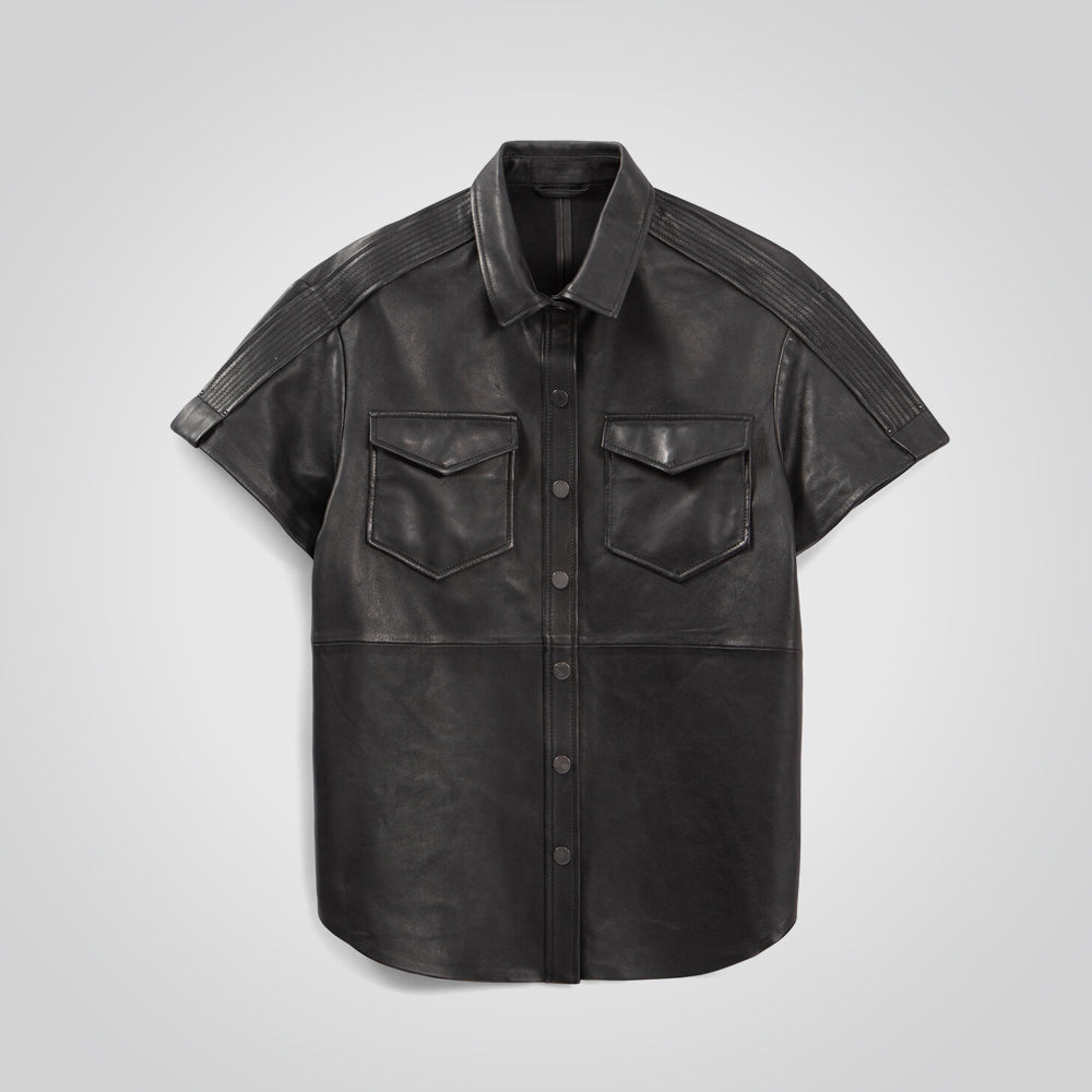 Women's Black Leather Button Down Shirt
