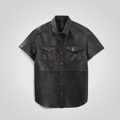 Women's Black Leather Button Down Shirt