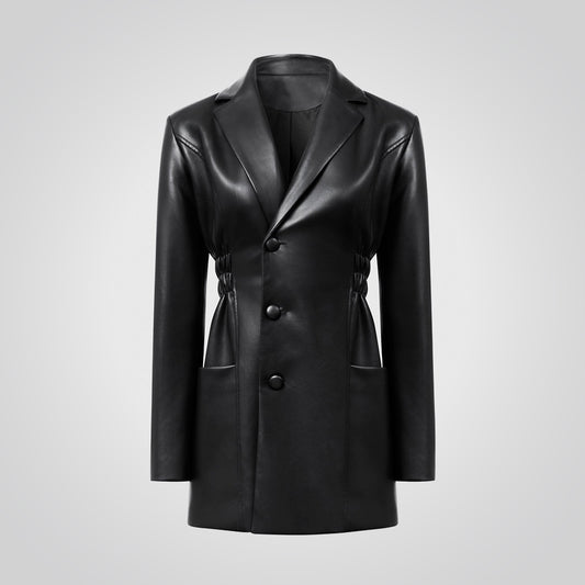 Women's Black Leather Double Breasted Blazer 