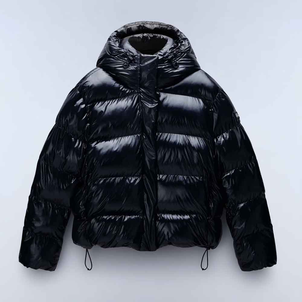 A shiny black puffer jacket with horizontal quilting, a high padded collar, and drawstring hem, shown against a light gray background.