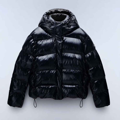 A shiny black puffer jacket with horizontal quilting, a high padded collar, and drawstring hem, shown against a light gray background.