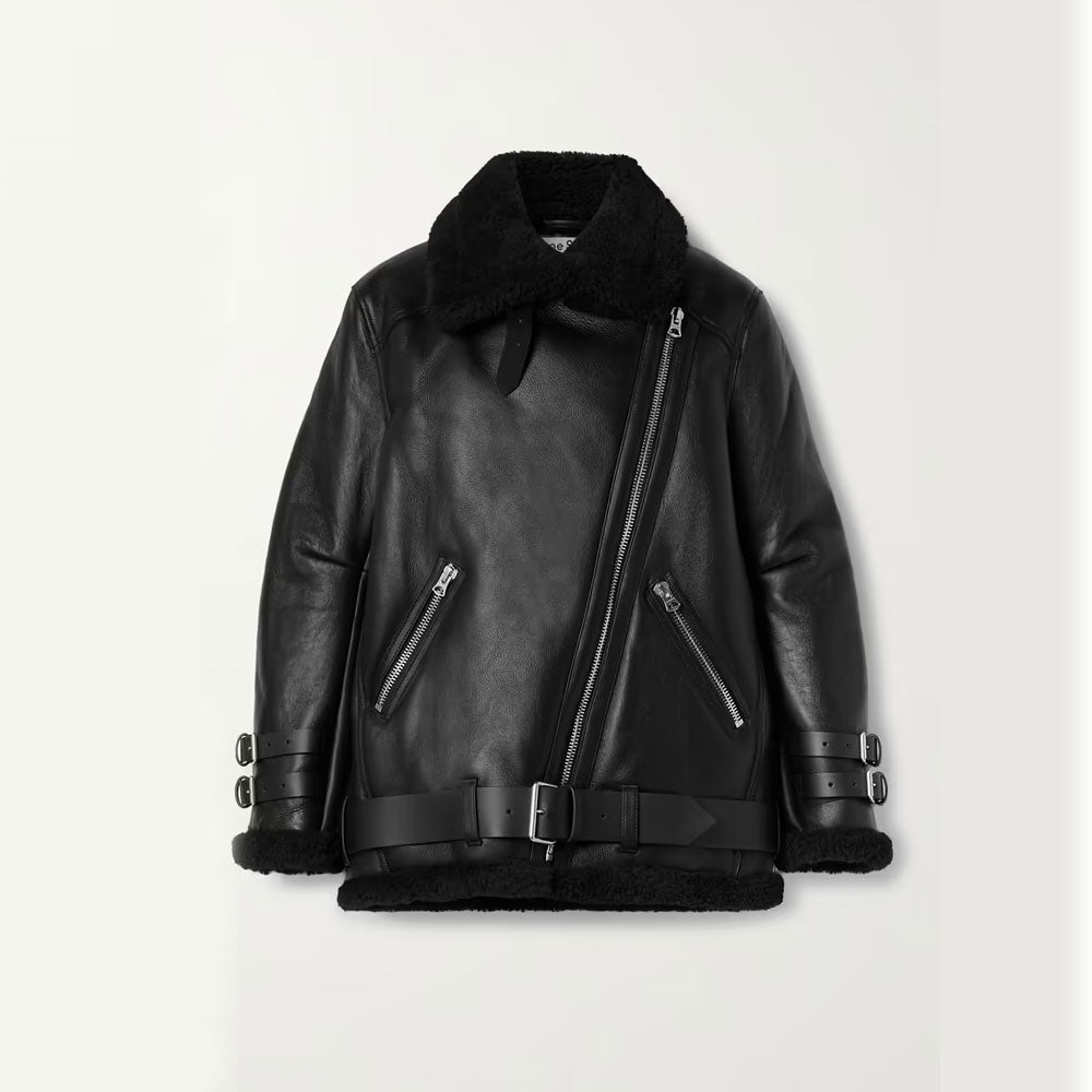 Black leather jacket with zippers on a light gray background