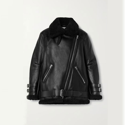 Black leather jacket with zippers on a light gray background
