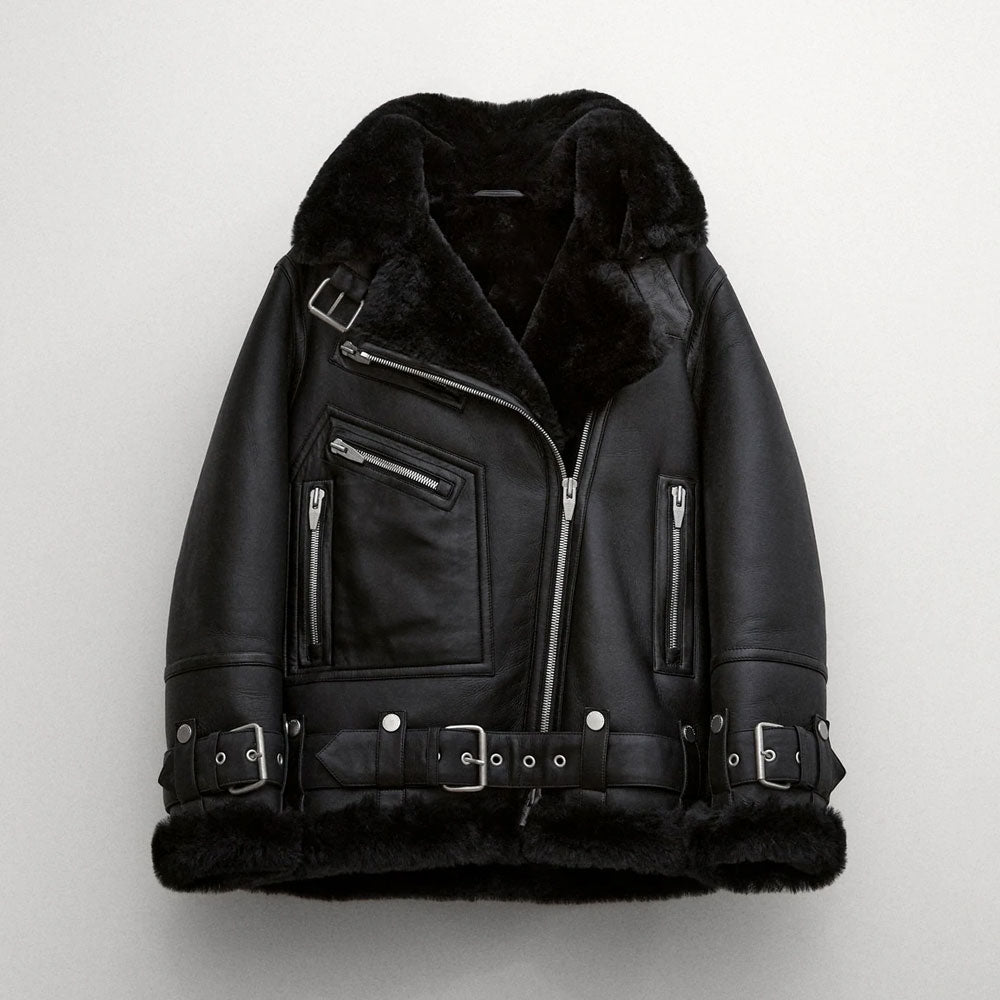 Women  Aviator Styled Black Fur Sheepskin Shearling Leather Jacket