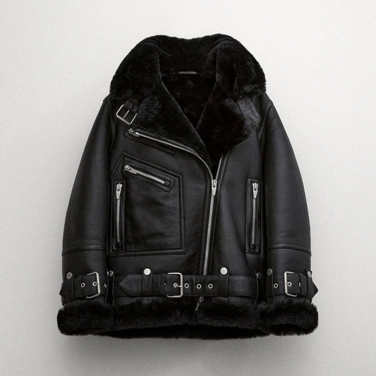 Women  Aviator Styled Black Fur Sheepskin Shearling Leather Jacket