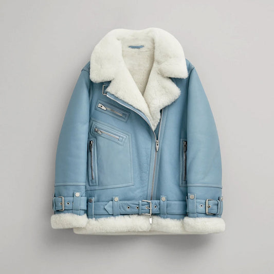 Women Light Blue Aviator Styled Sheepskin Shearling Leather Jacket