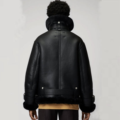 Women  Aviator Styled Black Fur Sheepskin Shearling Leather Jacket