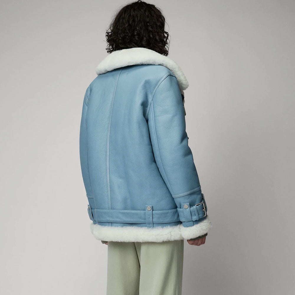Women Light Blue Aviator Styled Sheepskin Shearling Leather Jacket