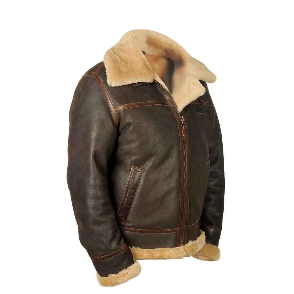 Brown leather jacket with beige fur lining on a white background
