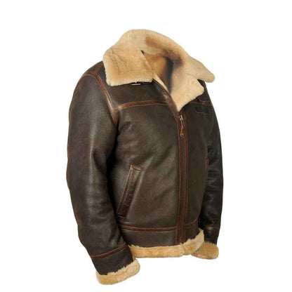 Brown leather jacket with beige fur lining on a white background