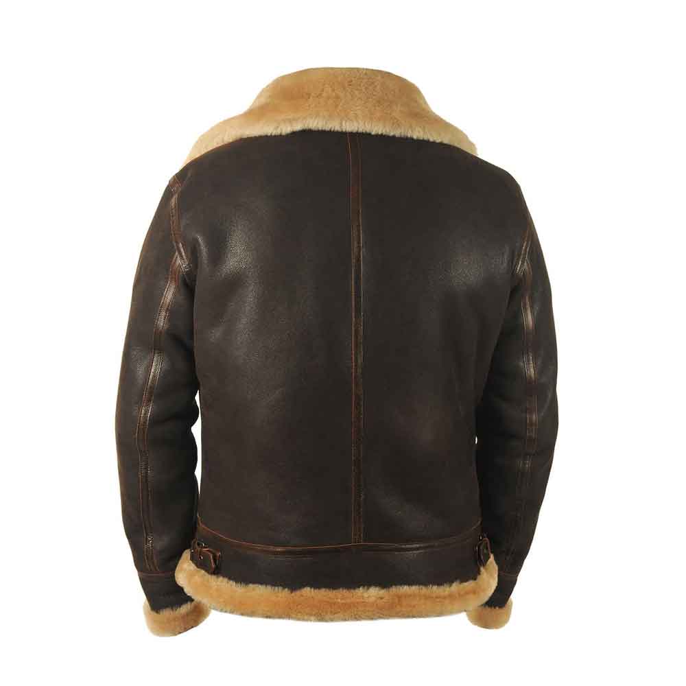 Brown leather jacket with beige fur lining on a white background