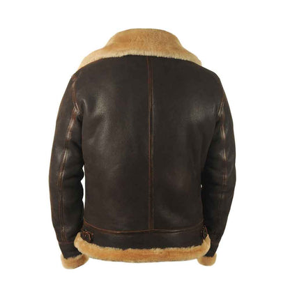 Brown leather jacket with beige fur lining on a white background