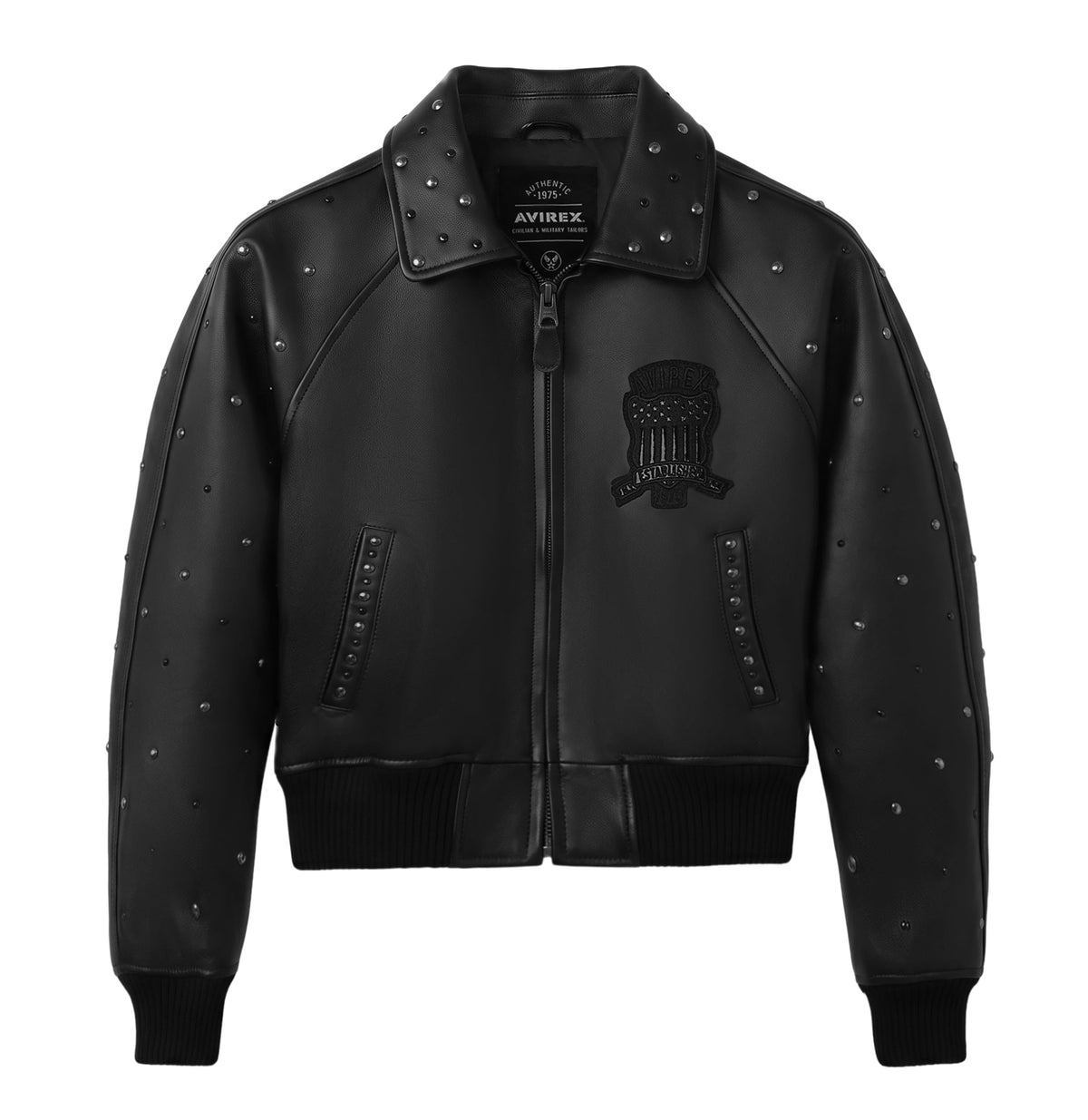 Women’s black cropped Avirex studded goatskin leather jacket front view