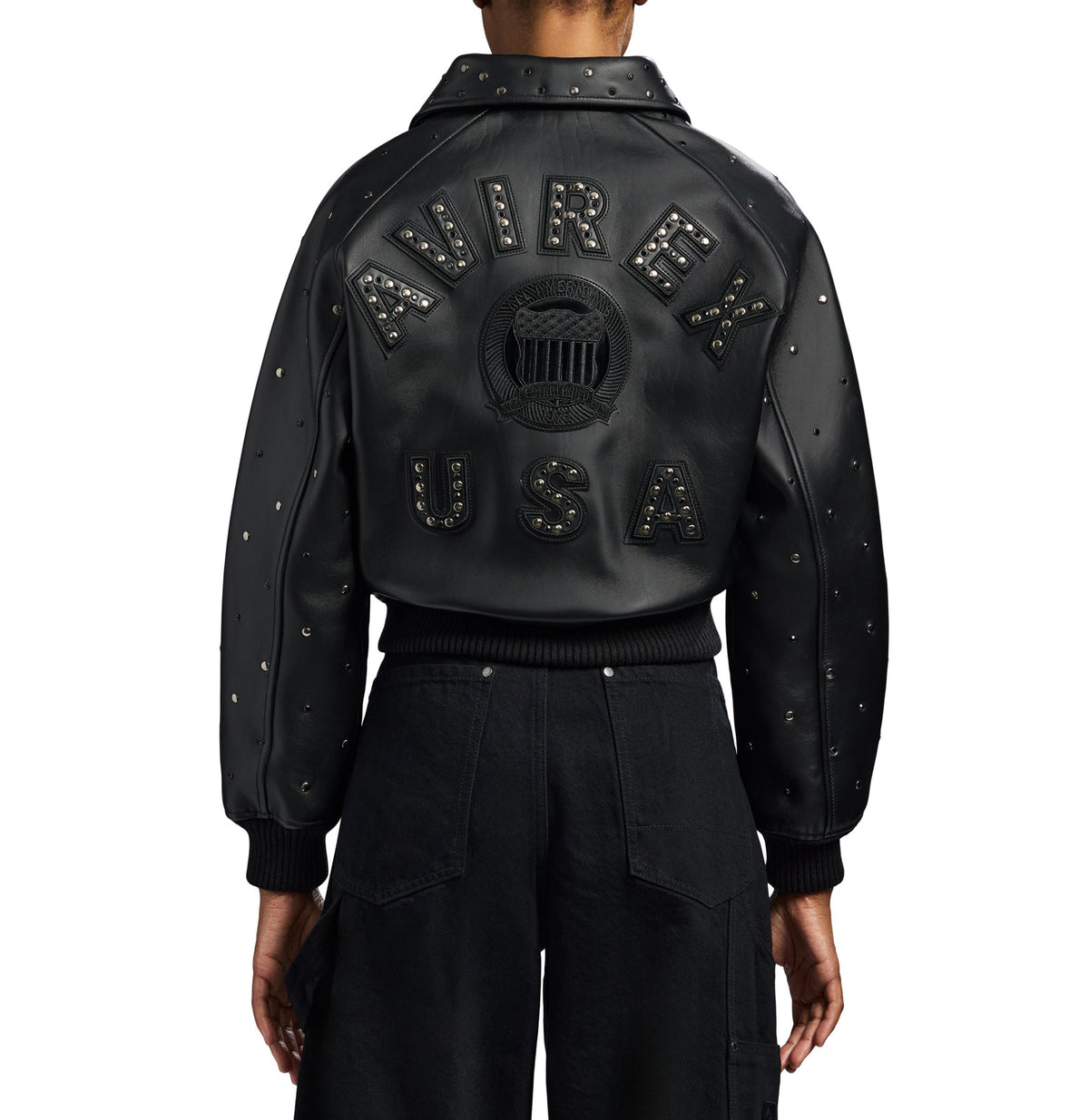 Tonal Avirex branding on black goatskin leather jacket