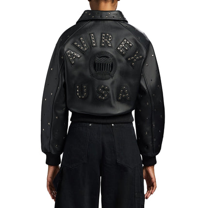 Tonal Avirex branding on black goatskin leather jacket