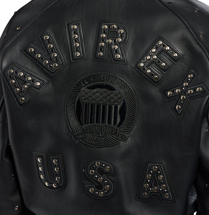 Close-up of black Avirex back appliqué, crest and metallic studs