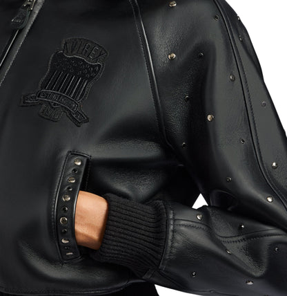 Studded pointed leather collar on women’s black Avirex jacket