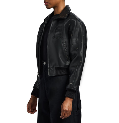 Cropped black knitted rib hem and leather panel construction