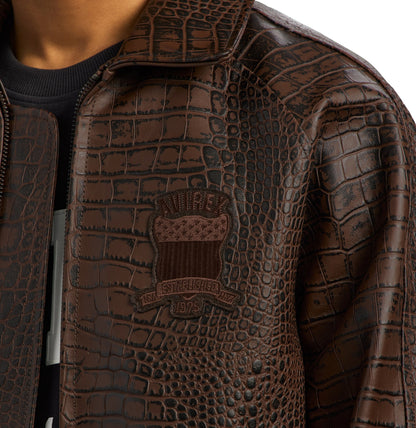 Wide ribbed hem on brown croc-effect bomber jacket