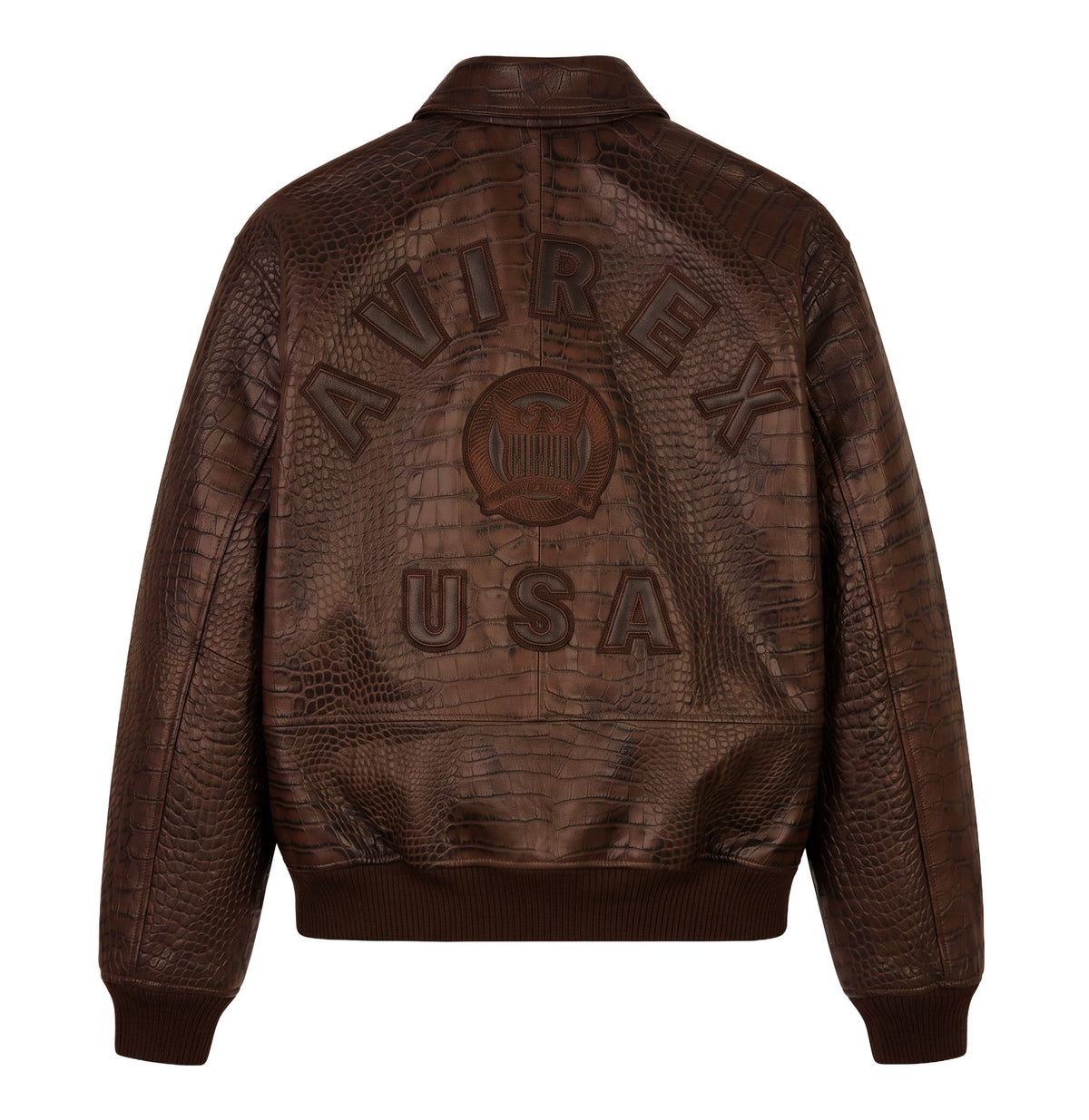 Back view of brown Avirex crocodile-textured leather jacket