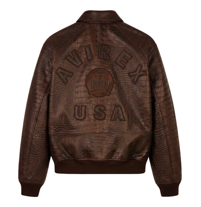 Back view of brown Avirex crocodile-textured leather jacket
