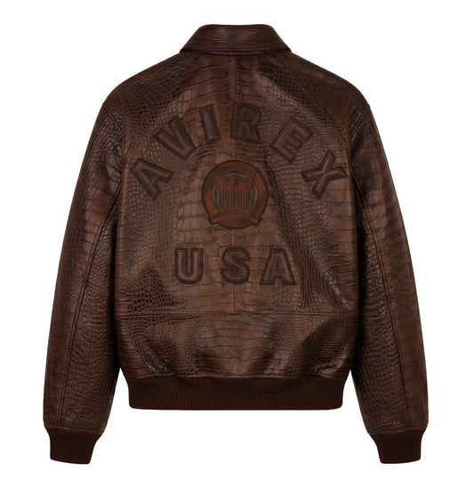 Back view of brown Avirex crocodile-textured leather jacket