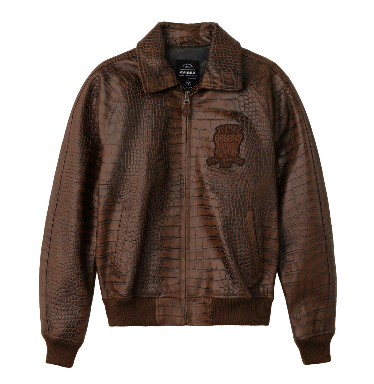 Brown Avirex Iconic croc-effect leather bomber jacket front view