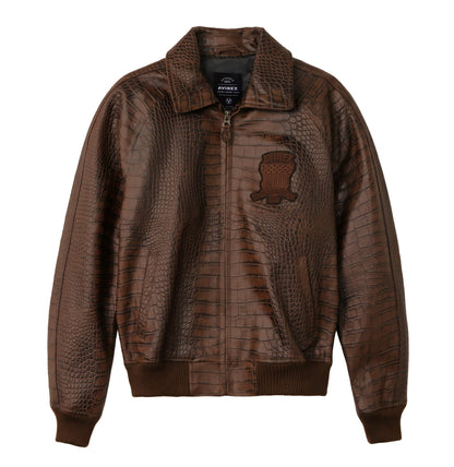 Brown Avirex Iconic croc-effect leather bomber jacket front view