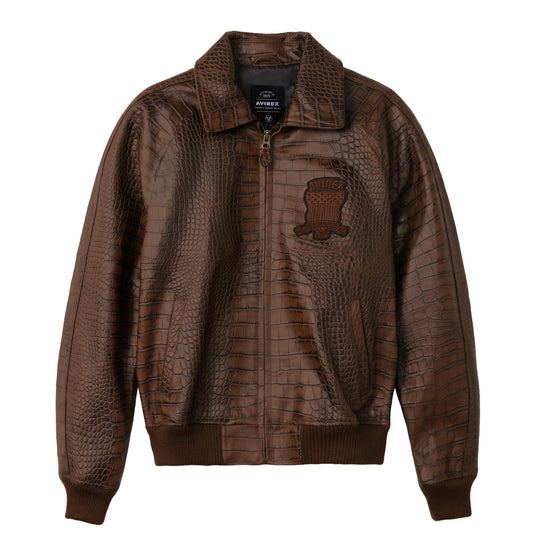 Brown Avirex Iconic croc-effect leather bomber jacket front view
