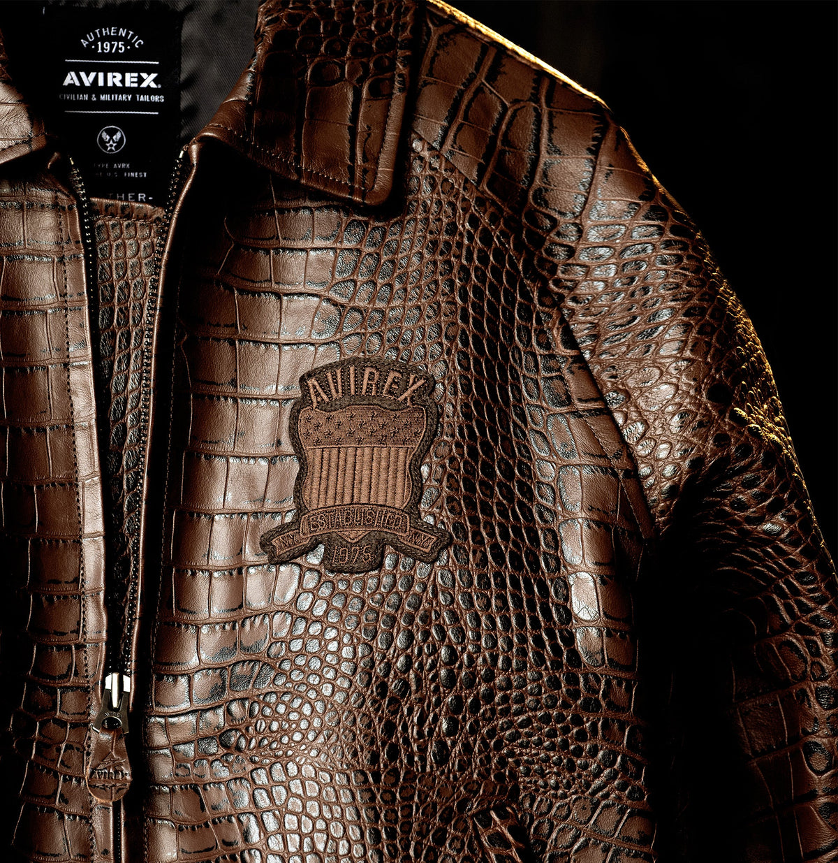 Tonal Avirex chest logo on croc-effect brown leather