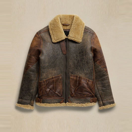 Men's Brown RAF Flight Aviator B3 Shearling Bomber Leather Sheepskin Jacket Coat