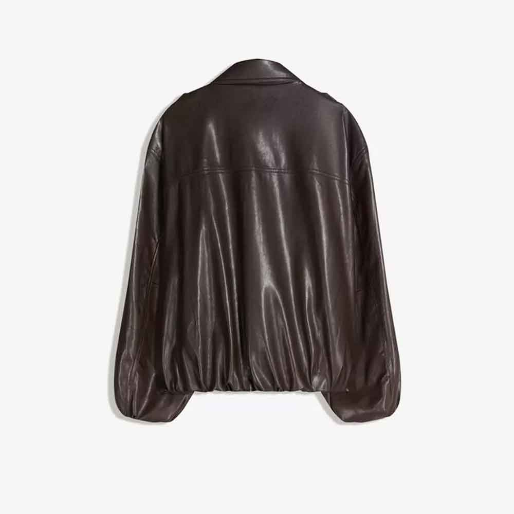 A dark brown leather jacket shown from the back, featuring a smooth texture and a relaxed fit, displayed against a light gray background.