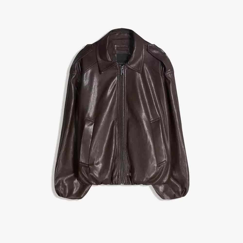 A dark brown leather jacket with a front zipper, collar, and side pockets, displayed against a light gray background.