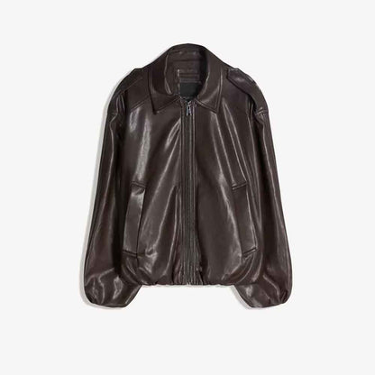 A dark brown leather jacket with a front zipper, collar, and side pockets, displayed against a light gray background.