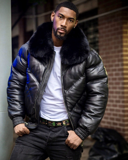 MEN V BOMBER JACKET - BLACK (BLACK FUR) - bombersflight