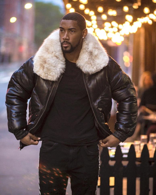 MEN V BOMBER JACKET - BLACK (OFF WHITE FUR) - bombersflight