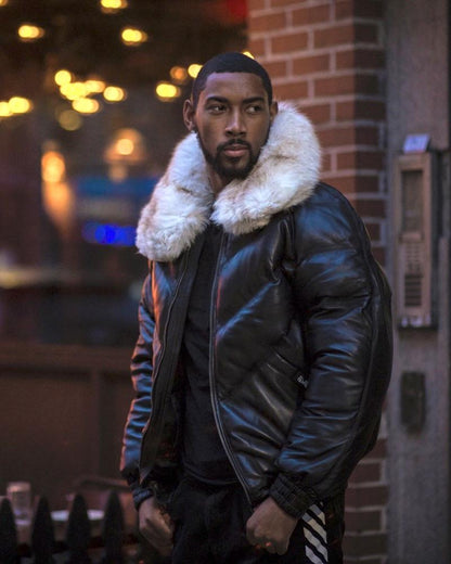 MEN V BOMBER JACKET - BLACK (OFF WHITE FUR) - bombersflight