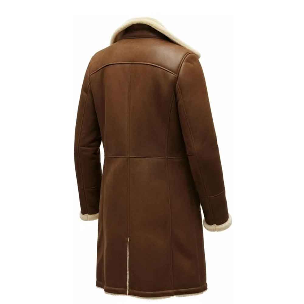 Brown leather coat with white fur lining on a white background
