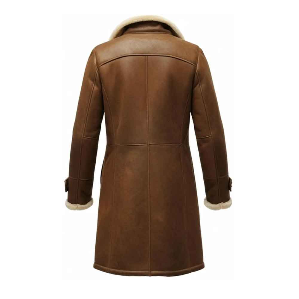 Brown leather coat with white fur lining on a white background