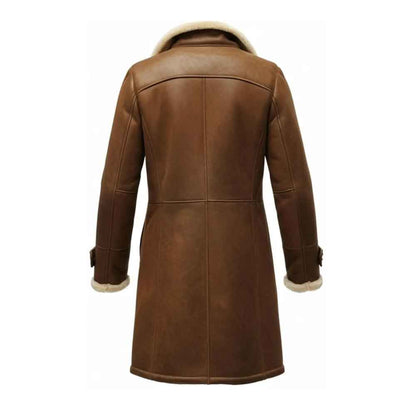 Brown leather coat with white fur lining on a white background